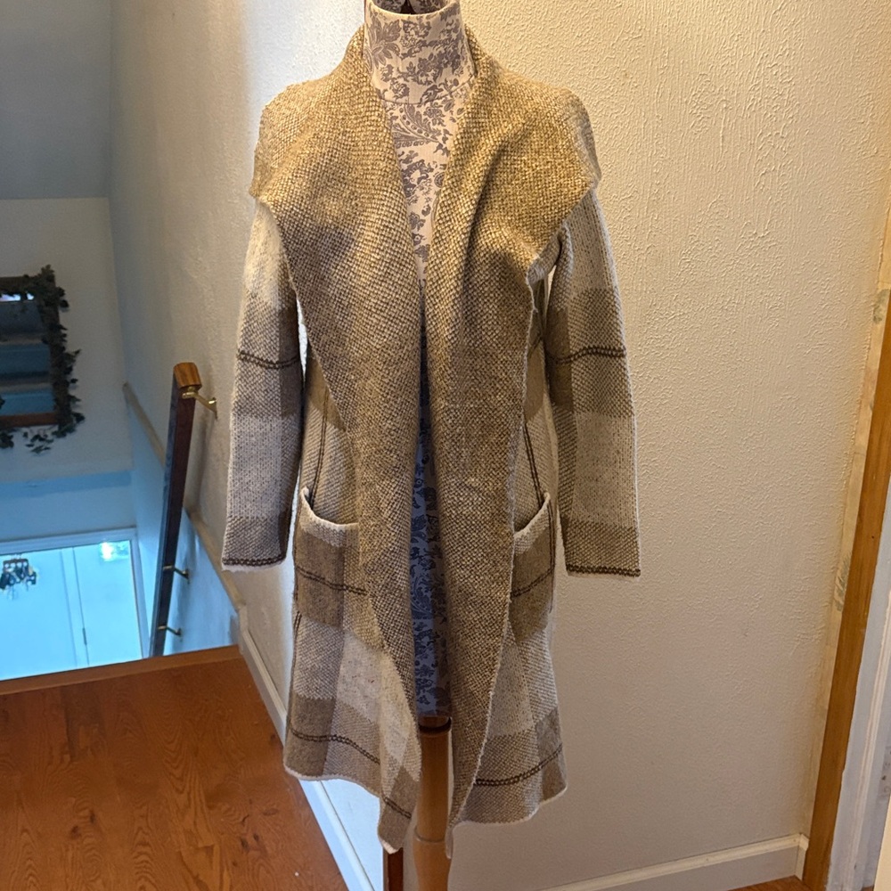 Tan and Beige Plaid Open Front Drape Cardigan